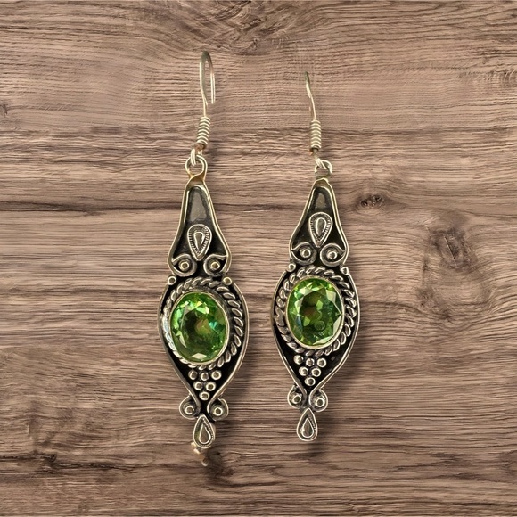 Green Amethyst and 925 Sterling Silver Dangle Drop Earrings - Picture 4 of 6